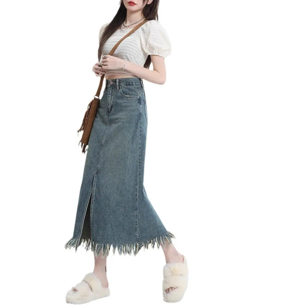 Retro Slit Denim Skirt Women's Tassel Mid-length Hip Skirt 