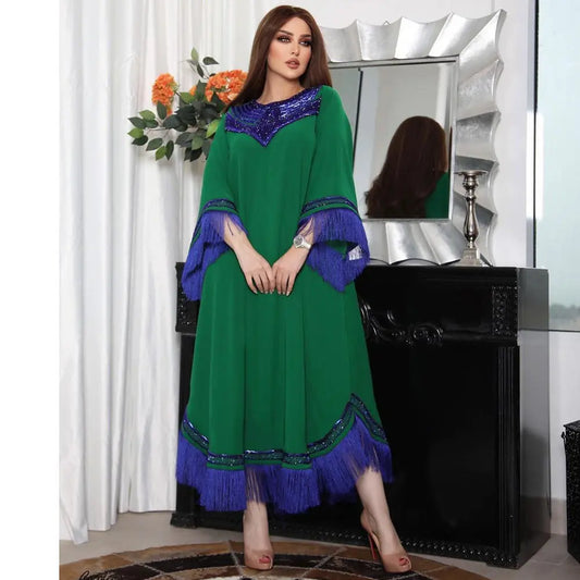Morocco Women Sequins Tassel Muslim Abaya Kaftan Evening Dress 