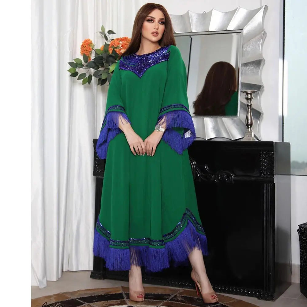 Morocco Women Sequins Tassel Muslim Abaya Kaftan Evening Dress 