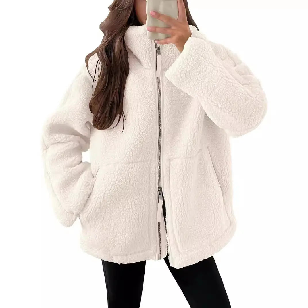 Winter Lapel Zip-up Coat With Pockets Casual Fashion 