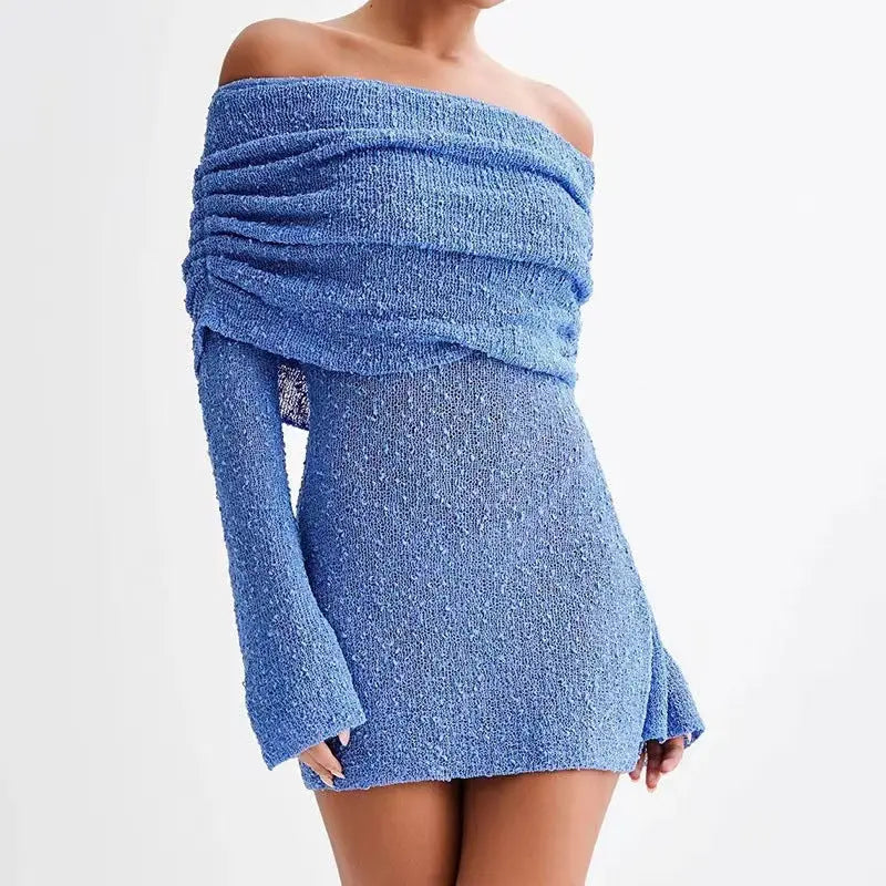 Women's Spring Summer Knitted Dress Elegant Party Boat Neck Dress Infant Off Shoulder Bodycon Long Sleeve Fuzzy Short Club Chic Mini Dress 