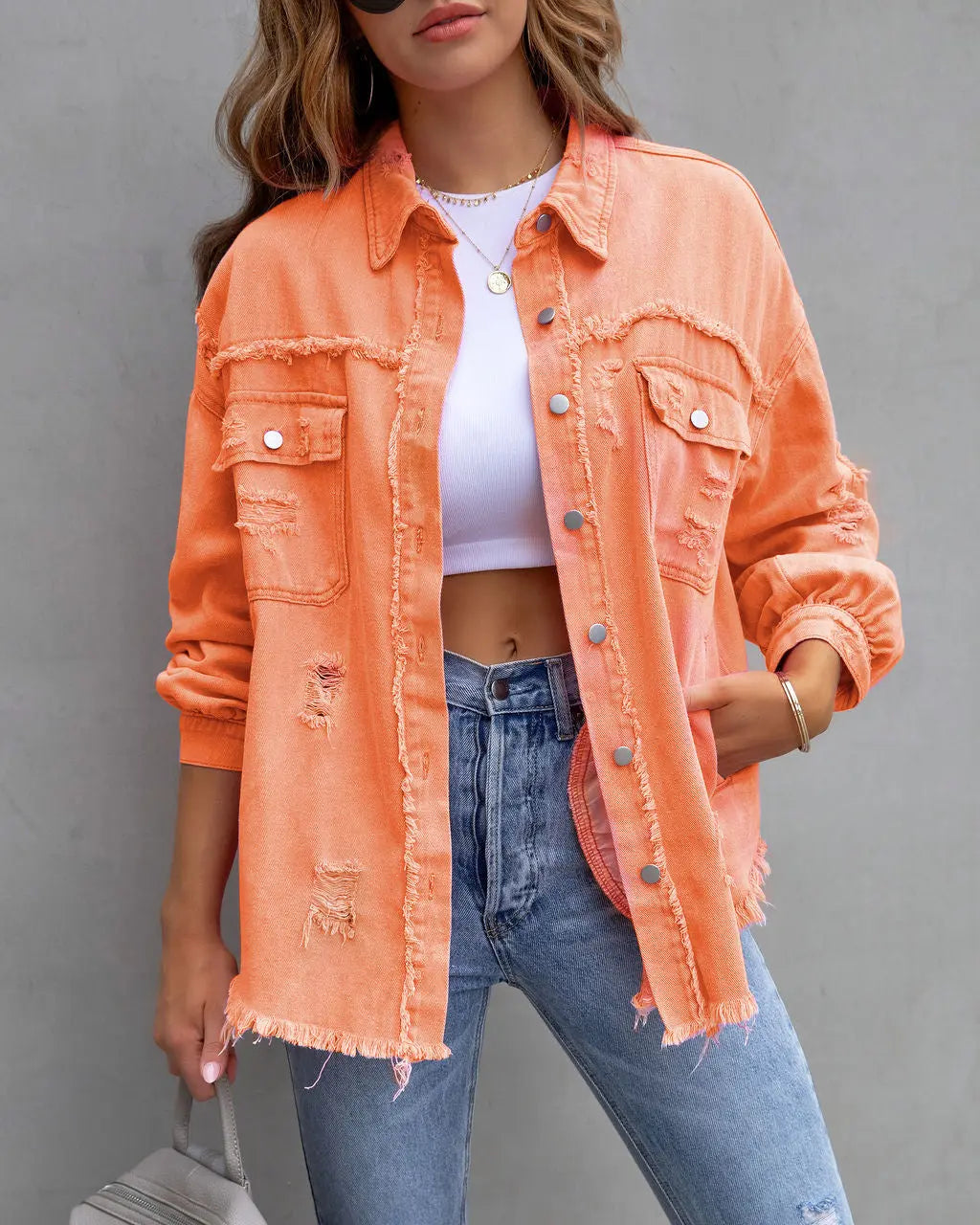Fashion Ripped Shirt Jacket Female Autumn And Spring Casual Tops Womens Clothing 