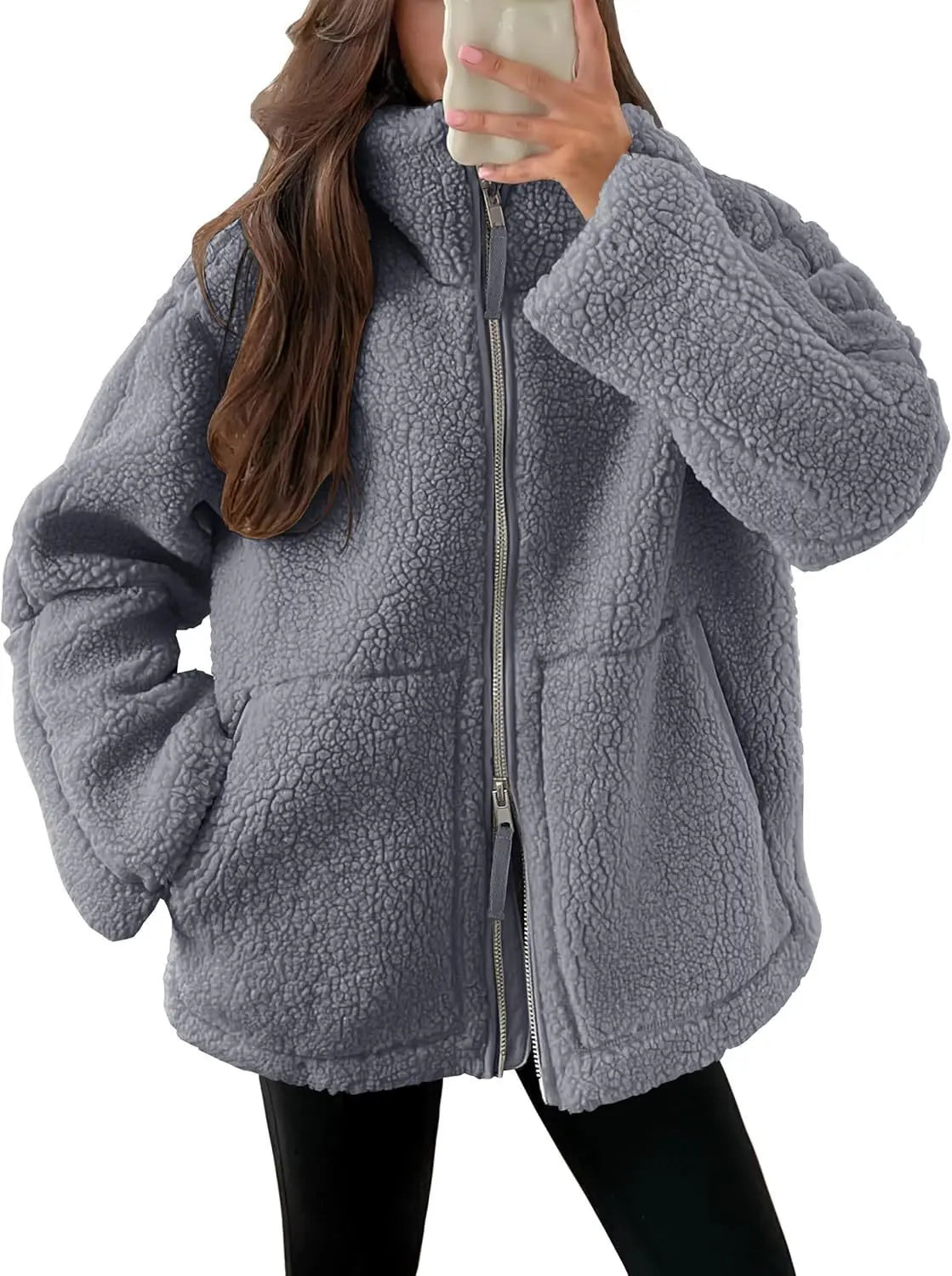 Winter Lapel Zip-up Coat With Pockets Casual Fashion 