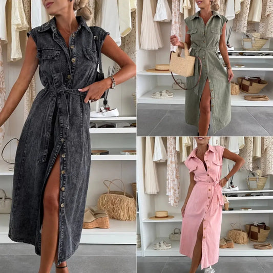 Women's Casual Sleeveless Lace-up Long Dresses Fashion Pockets Solid Party Office Elegant Lapel Single Breasted Denim Dress Summer 