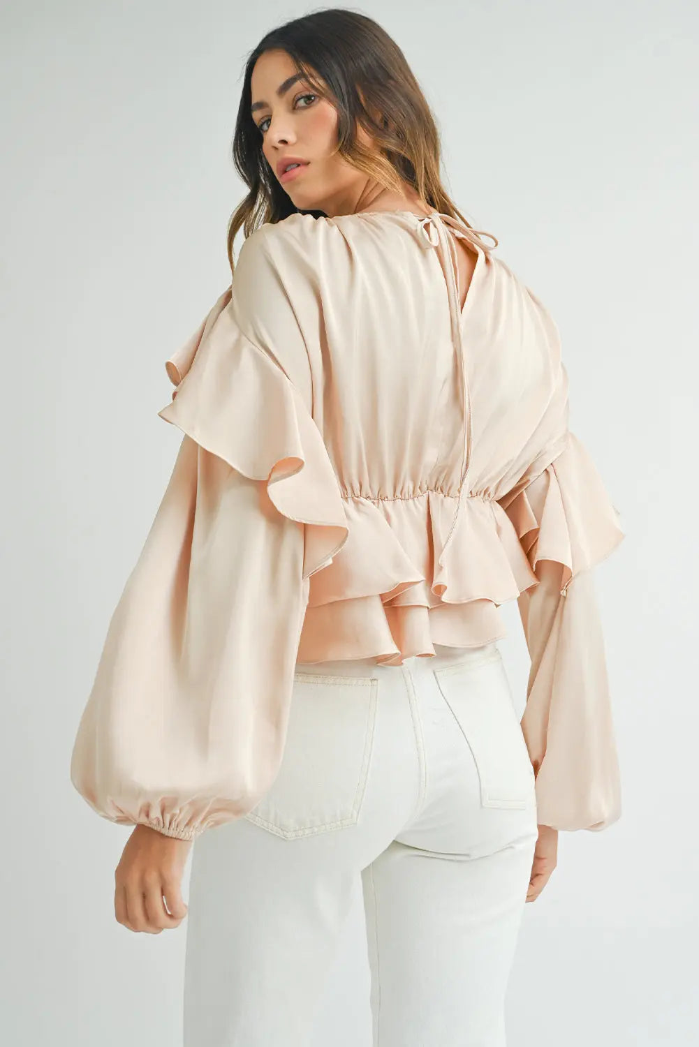 Oatmeal Lace-up Keyhole Back Ruffled Peplum Blouse 