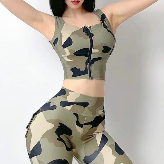 Camouflage Printed Front Zipper Sports Underwear Shockproof Yoga Clothes Vest 