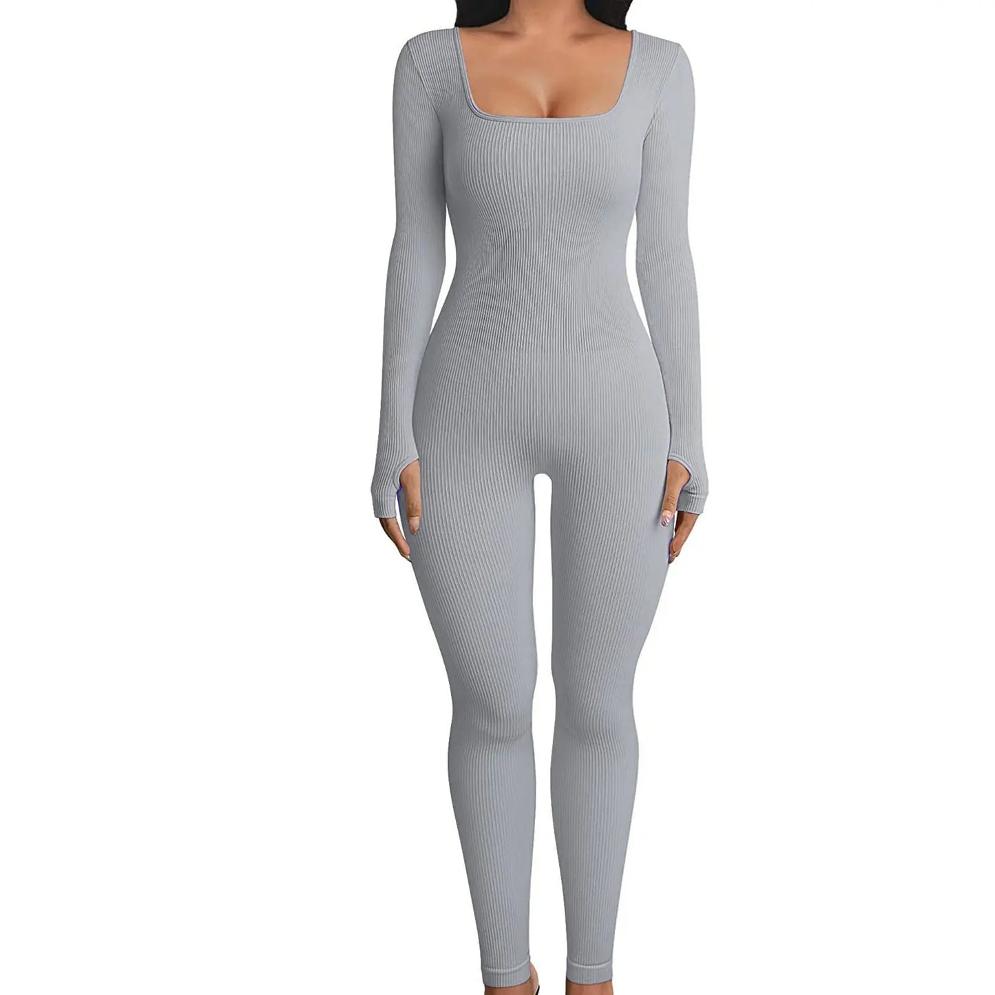 Women's Yoga Sports Fitness Jumpsuit Workout Long Sleeve Square Collar Clothing 
