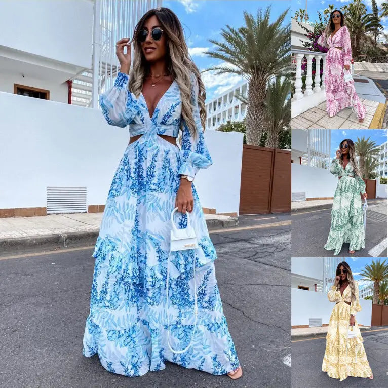Elegant Women's Hollow Floor V-neck Long-sleeved Plant Dress Long Dresses Spring Summer Print V-neck Long Sleeve Dress 