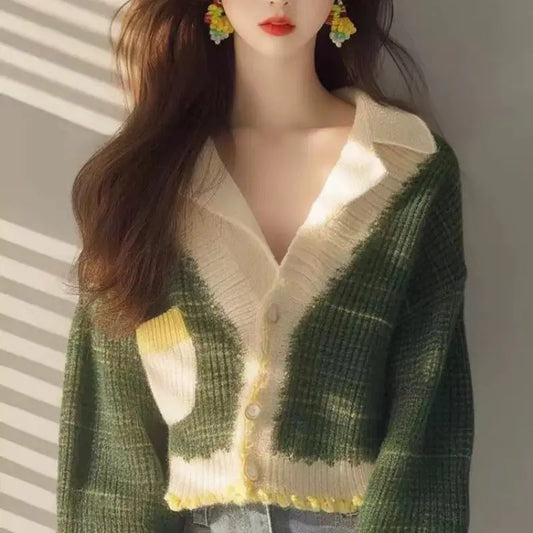 V-neck Knitted Long Sleeves Cardigan Green Sweater 
