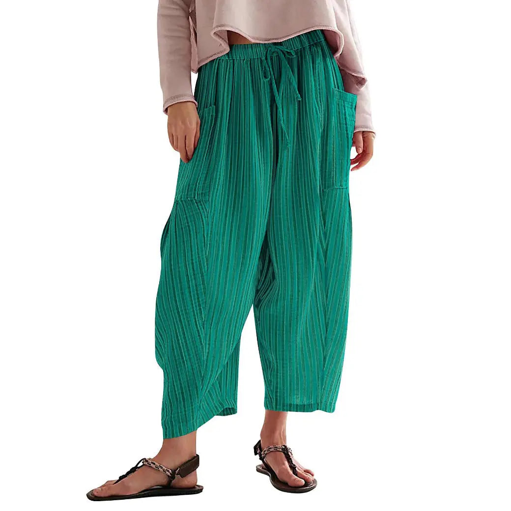 Striped Straight-leg Pants Elastic Waist Cropped Pleated Pants 