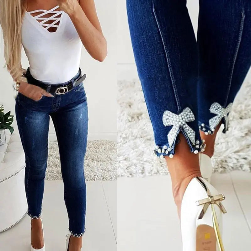 Slim Jeans Women Butterfly Sticky Flower Beaded Split Trousers 