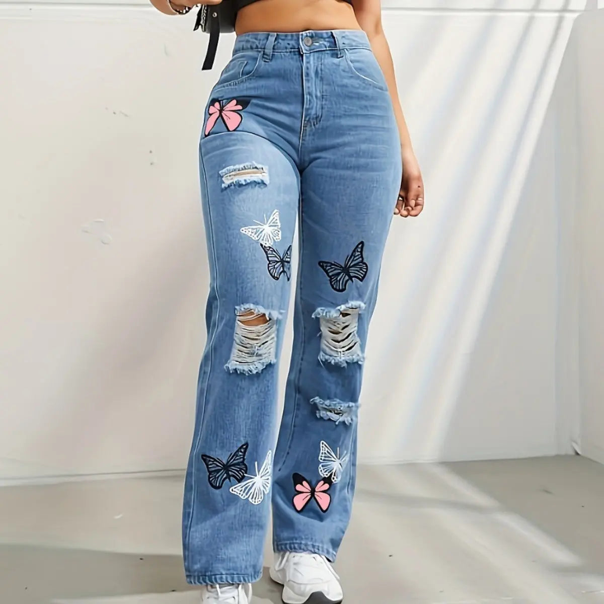 High Waisted Straight Leg Jeans For Women Trendy Butterfly Print Ripped Distressed Denim Pants 