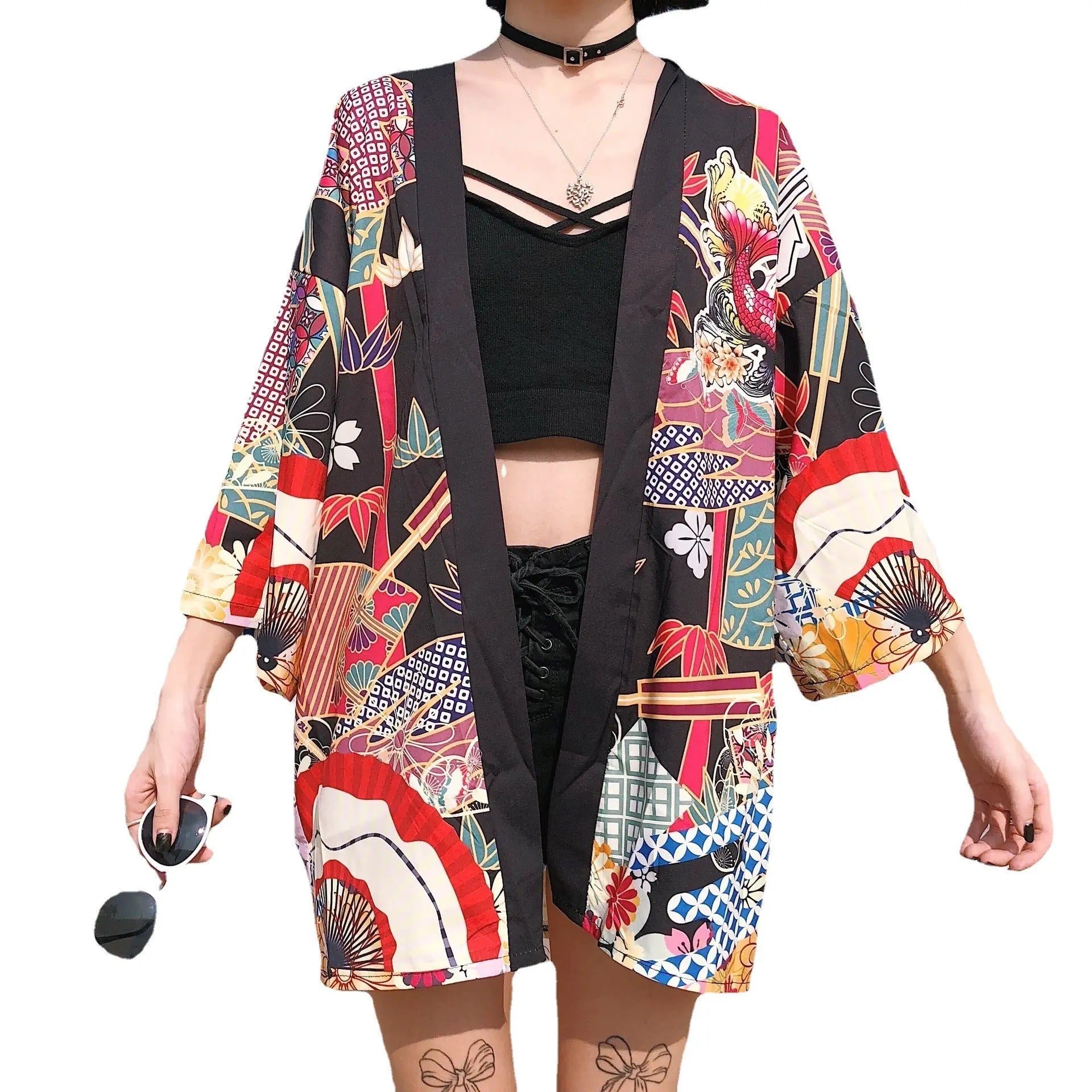 Loose Street Sun Protection Clothing Middle Sleeve Graffiti Kimono Travel Thin Coat 