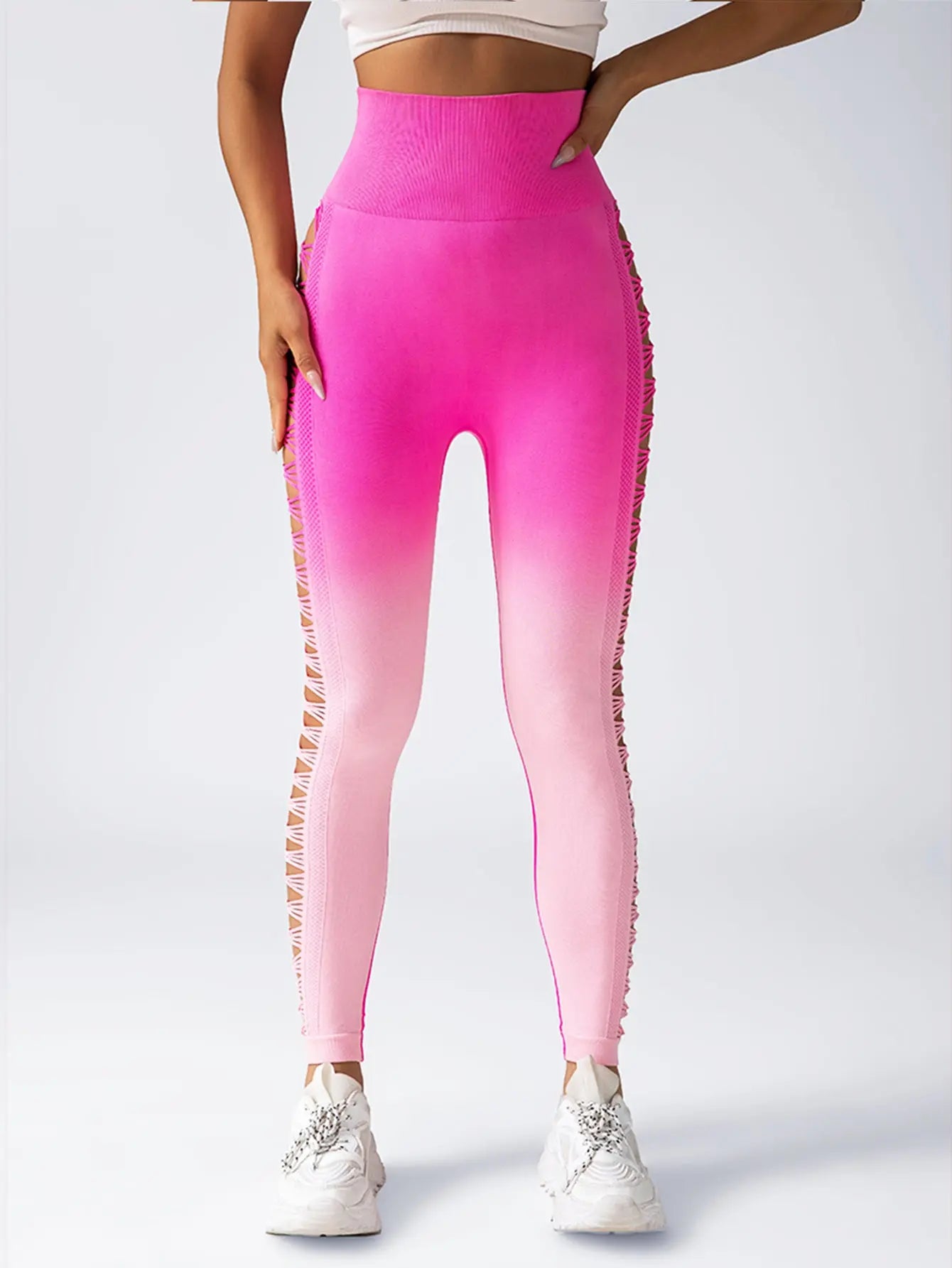 Women's High-Waisted Gradient Yoga Pants, Cutout Leggings, Booty Lifting, Athletic Long Tights For Fitness Workout, Breathable Sportswear 