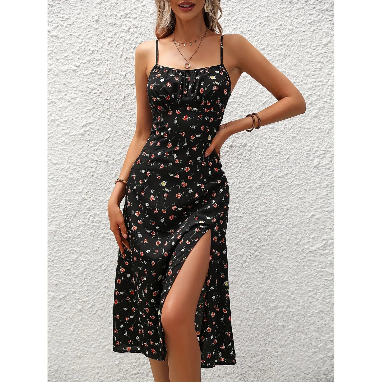 New Polka Dot Print Suspender Dress Summer Sexy Slit Long Dresses For Womens Clothing 