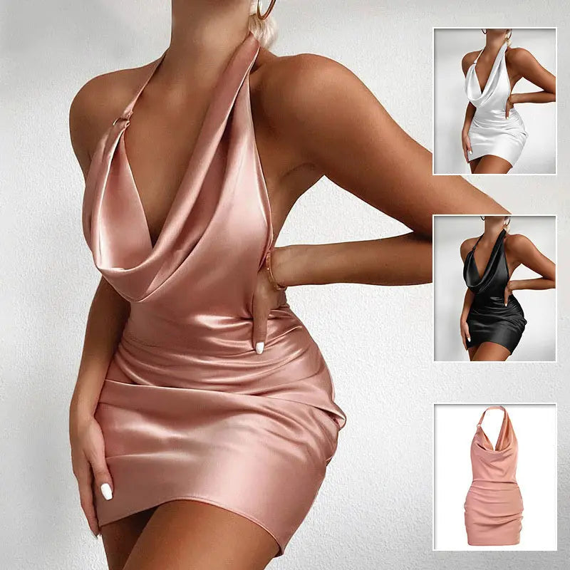 Satin Party Dress V Neck Backless Mini Sleeveless Summer Party Dress 