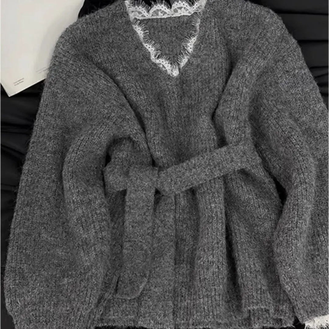 Patchwork Fake Two Pieces Pullover Gray Top 