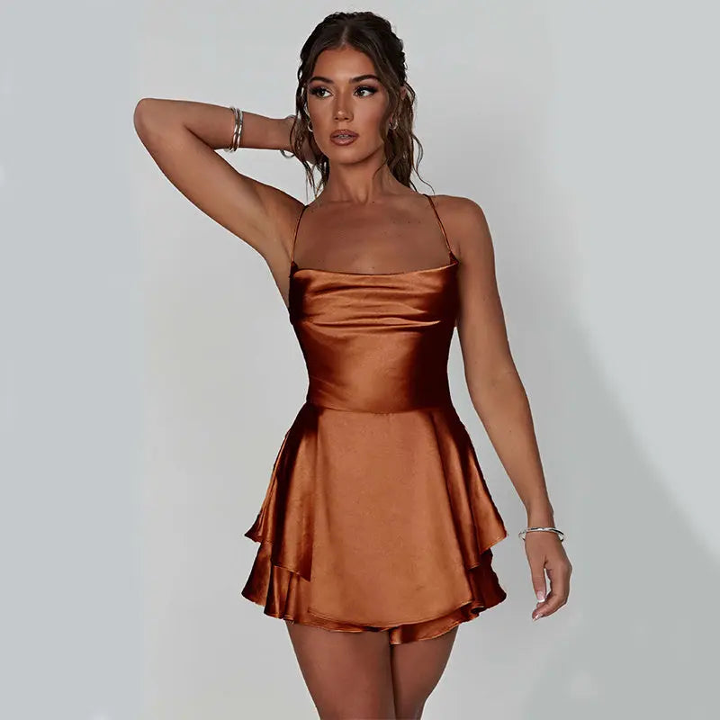 Sexy Suspender Skirt For Women Elegant Slim Strap Satin Backless Lace Up A-Line Short Dress Lady 
