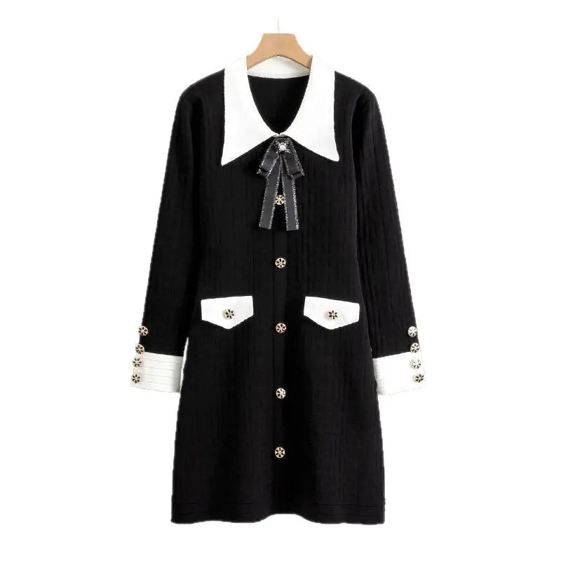Ladies Bow Lapel Long Sleeve Knitted Dress 