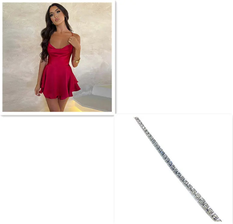 Sexy Suspender Skirt For Women Elegant Slim Strap Satin Backless Lace Up A-Line Short Dress Lady 