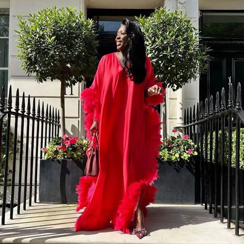 African Women's Loose Dress Luxury Fully Surrounded Light Feather Batwing Sleeve High Slit Robe 