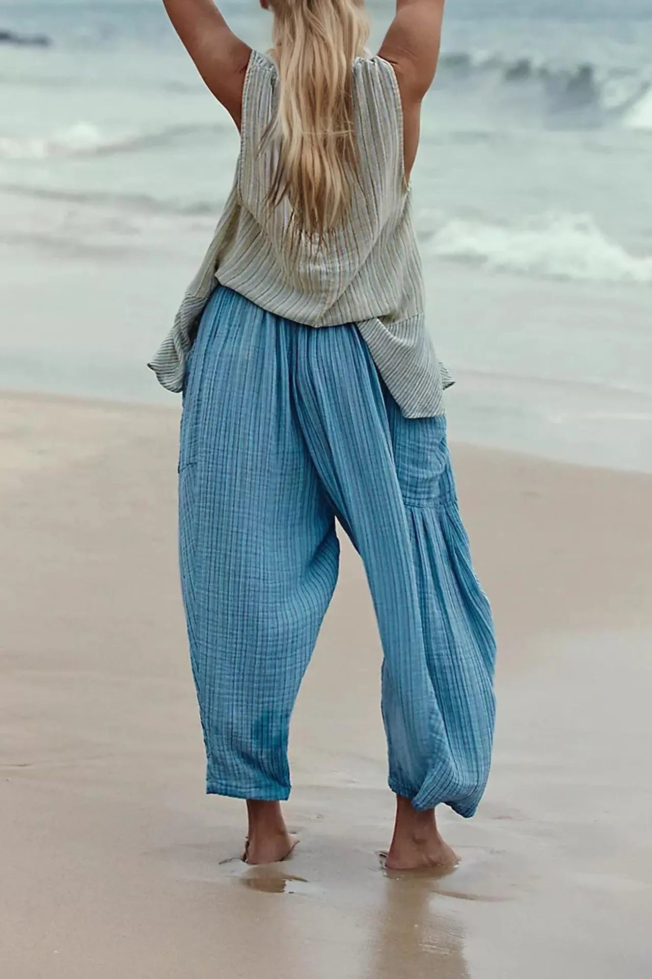 Striped Straight-leg Pants Elastic Waist Cropped Pleated Pants 