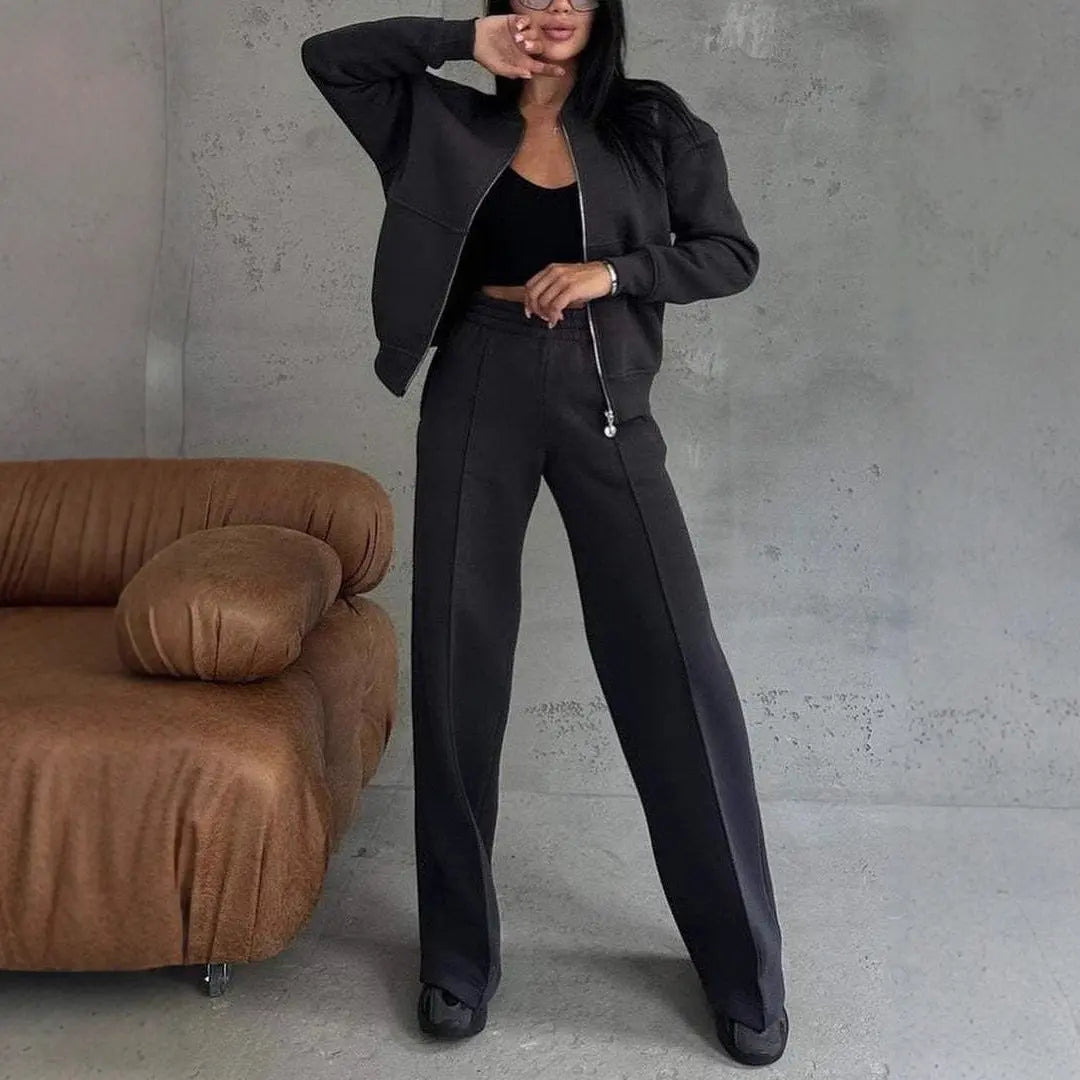 Women's Sports Suits Zipper Jacket And Wide Leg Pants Two-piece Set 