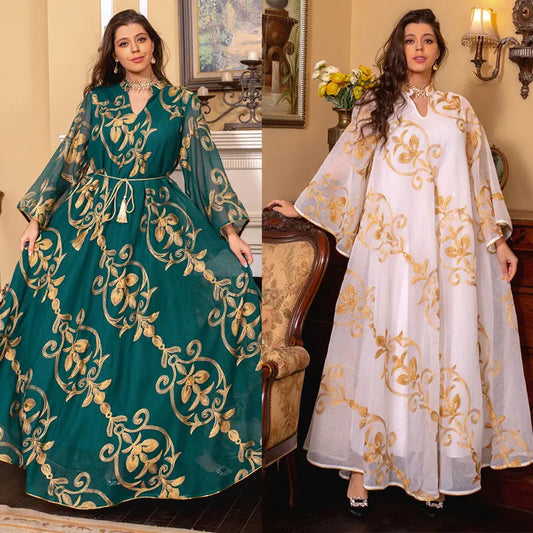 Arab Dubai Embroidered Mesh Dress European Muslim Party Dinner Fashion 