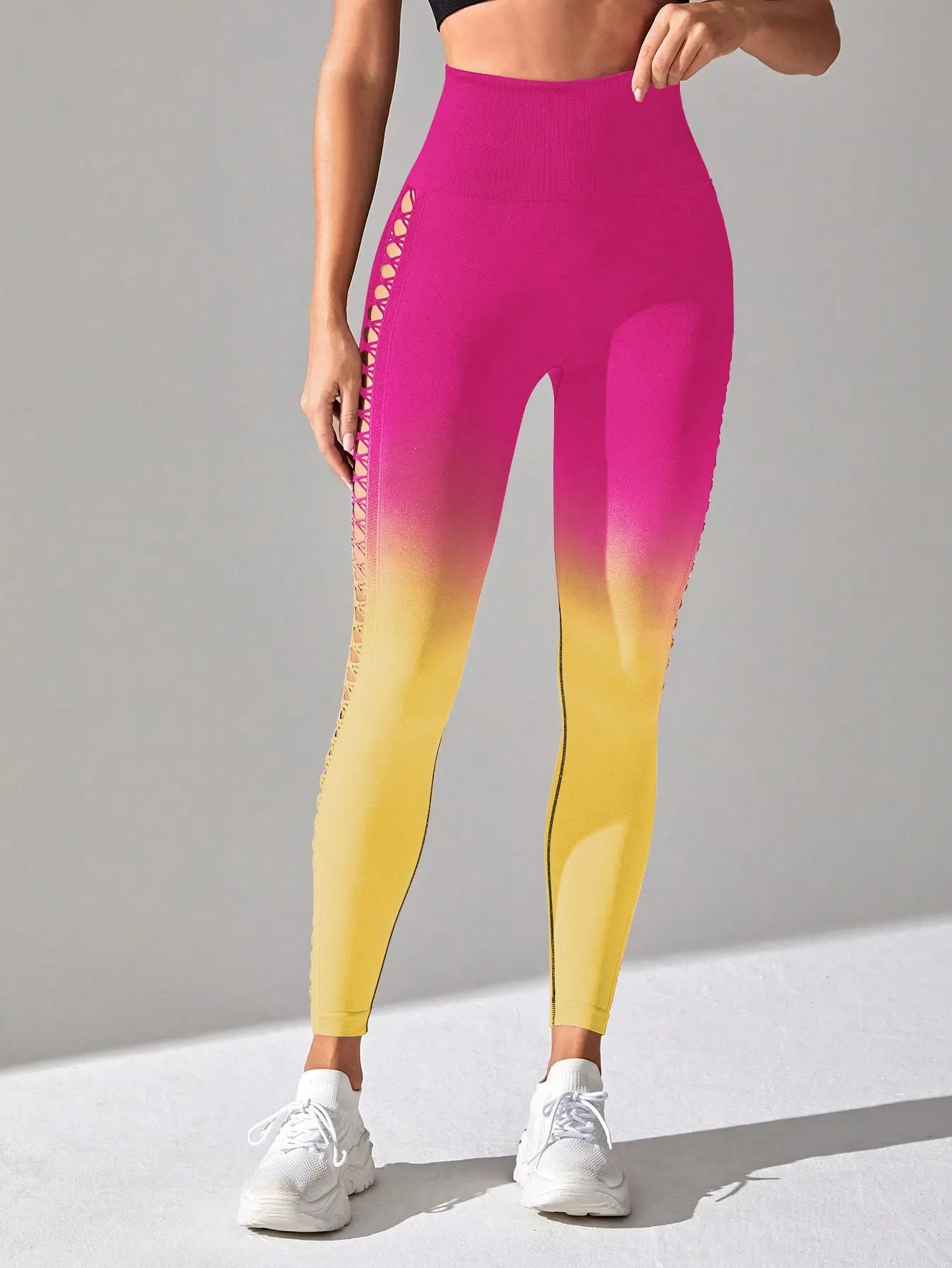 Women's High-Waisted Gradient Yoga Pants, Cutout Leggings, Booty Lifting, Athletic Long Tights For Fitness Workout, Breathable Sportswear 