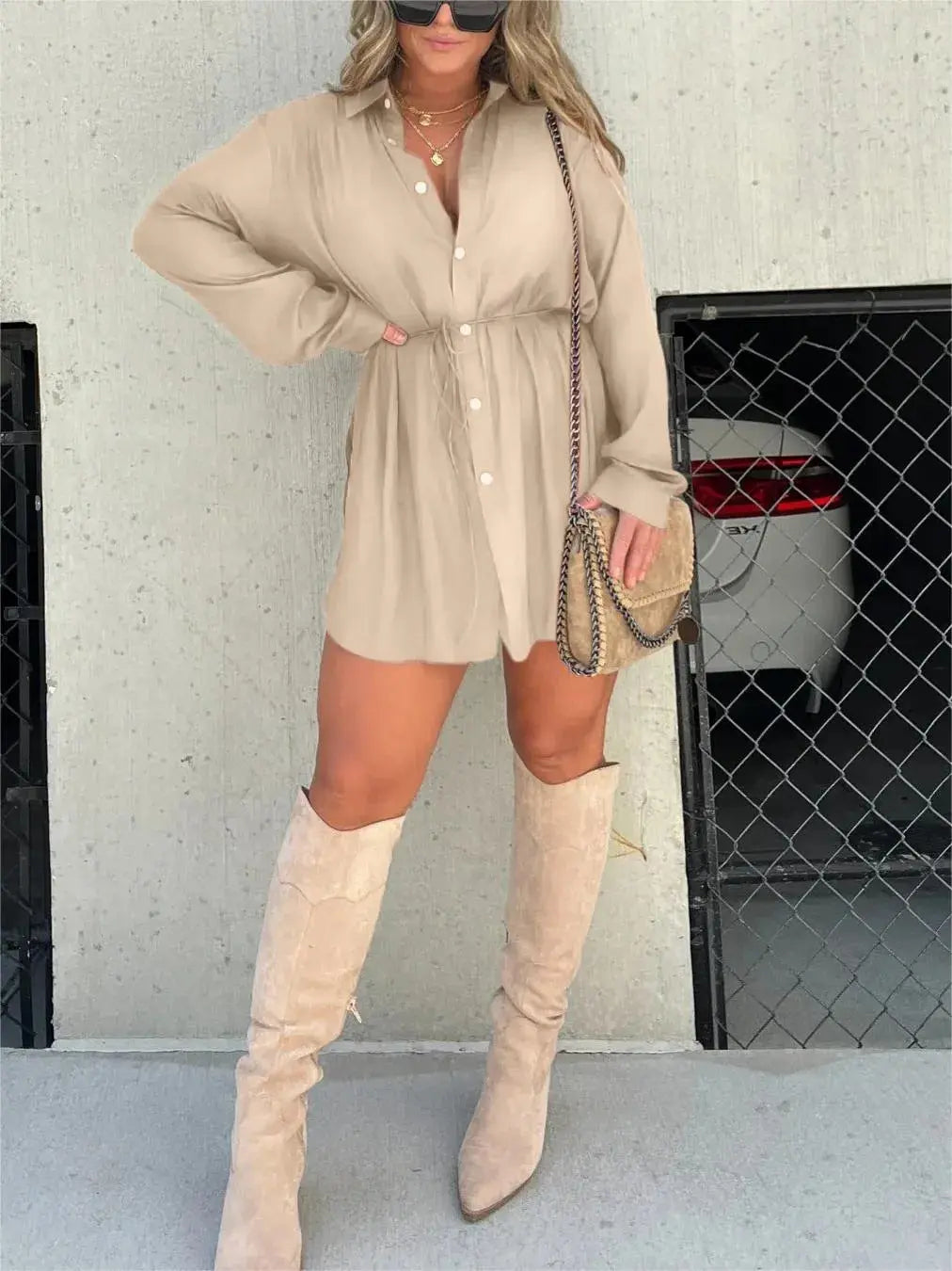 Women's Long Sleeve Jumpsuit With Button Fashion Shirt Dress 