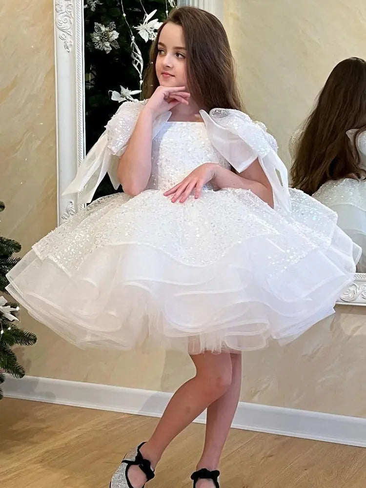 Girls' White Birthday Party Formal Dress Skirt 