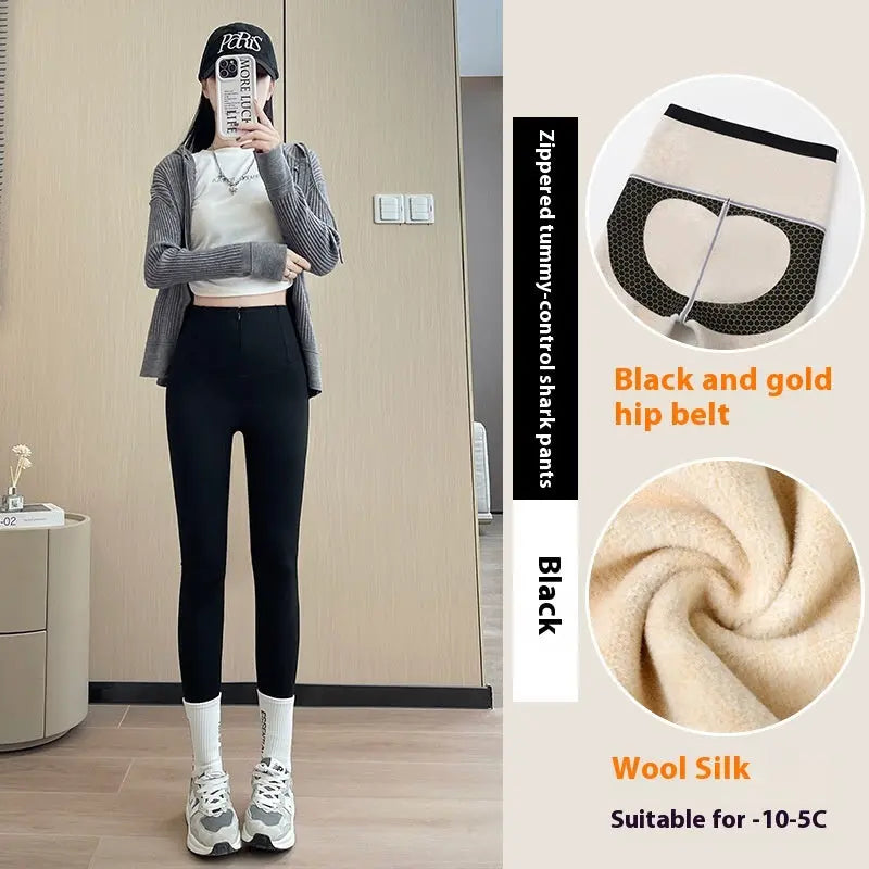 Belly-controlling Butt Lifting Leggings With Three-breasted Design Winter High Waist Slim Zippere Pants Warm Velvet And Thickened Trousers Women Clothing 