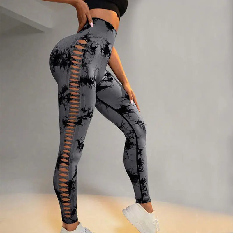 Hollow Tie Dye Printed Yoga Pants High Waist Butt Lift Seamless Sports Gym Fitness Leggings Slim Pants For Women Tight Trousers 