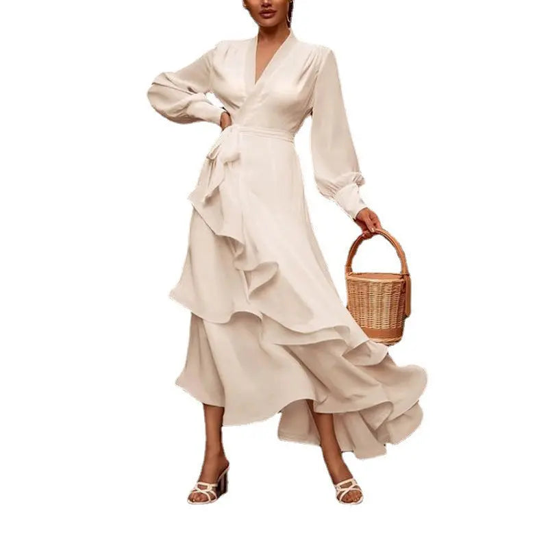 V-neck Prom Dress Long Sleeve Ruffles Long Prom Dress Elegant Dresses For Women White Satin Dress Layered Woman Clothes Casual 