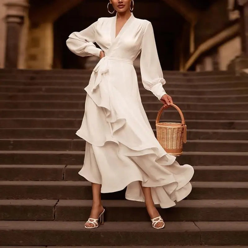 V-neck Prom Dress Long Sleeve Ruffles Long Prom Dress Elegant Dresses For Women White Satin Dress Layered Woman Clothes Casual 