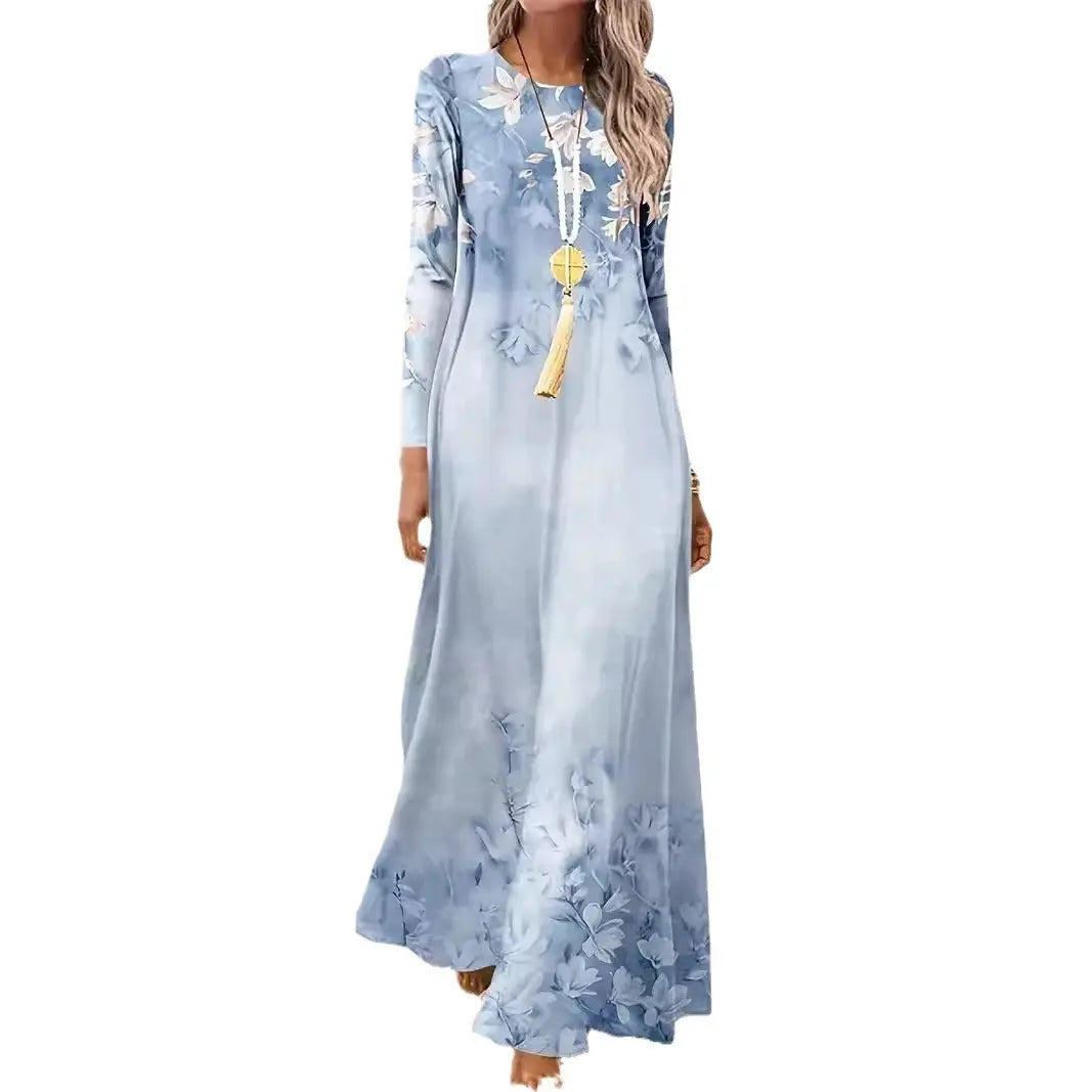 European And American Long Sleeve Artistic Retro Geometric Printed Round Neck Pullover Dress 