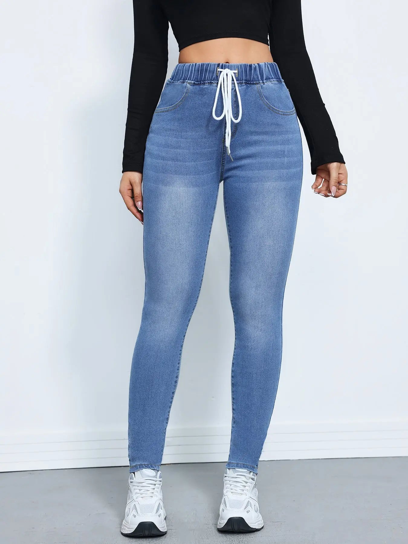 Women's Denim Trousers Autumn And Winter Drawstring Elastic Waist High Elastic Feet 