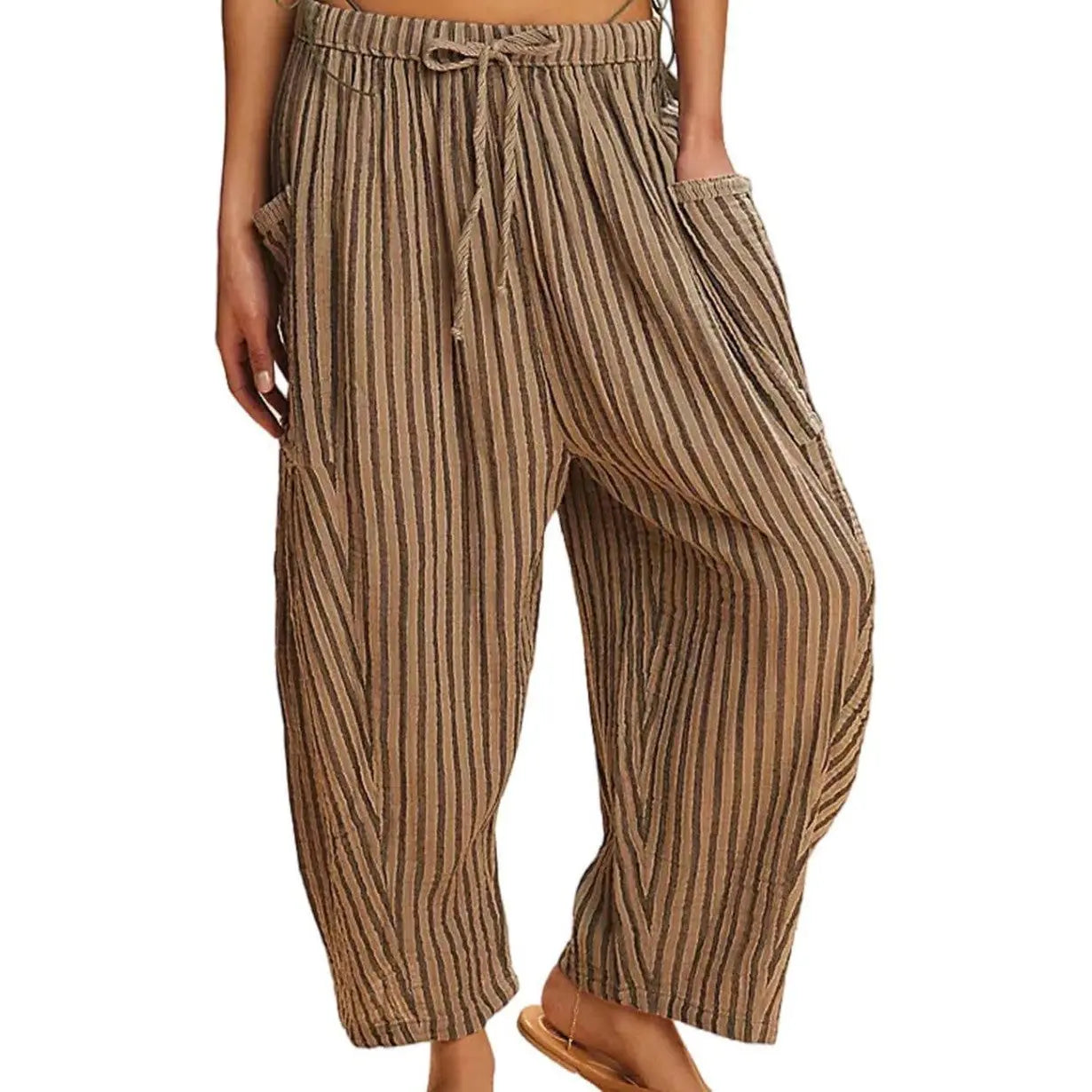 Striped Straight-leg Pants Elastic Waist Cropped Pleated Pants 