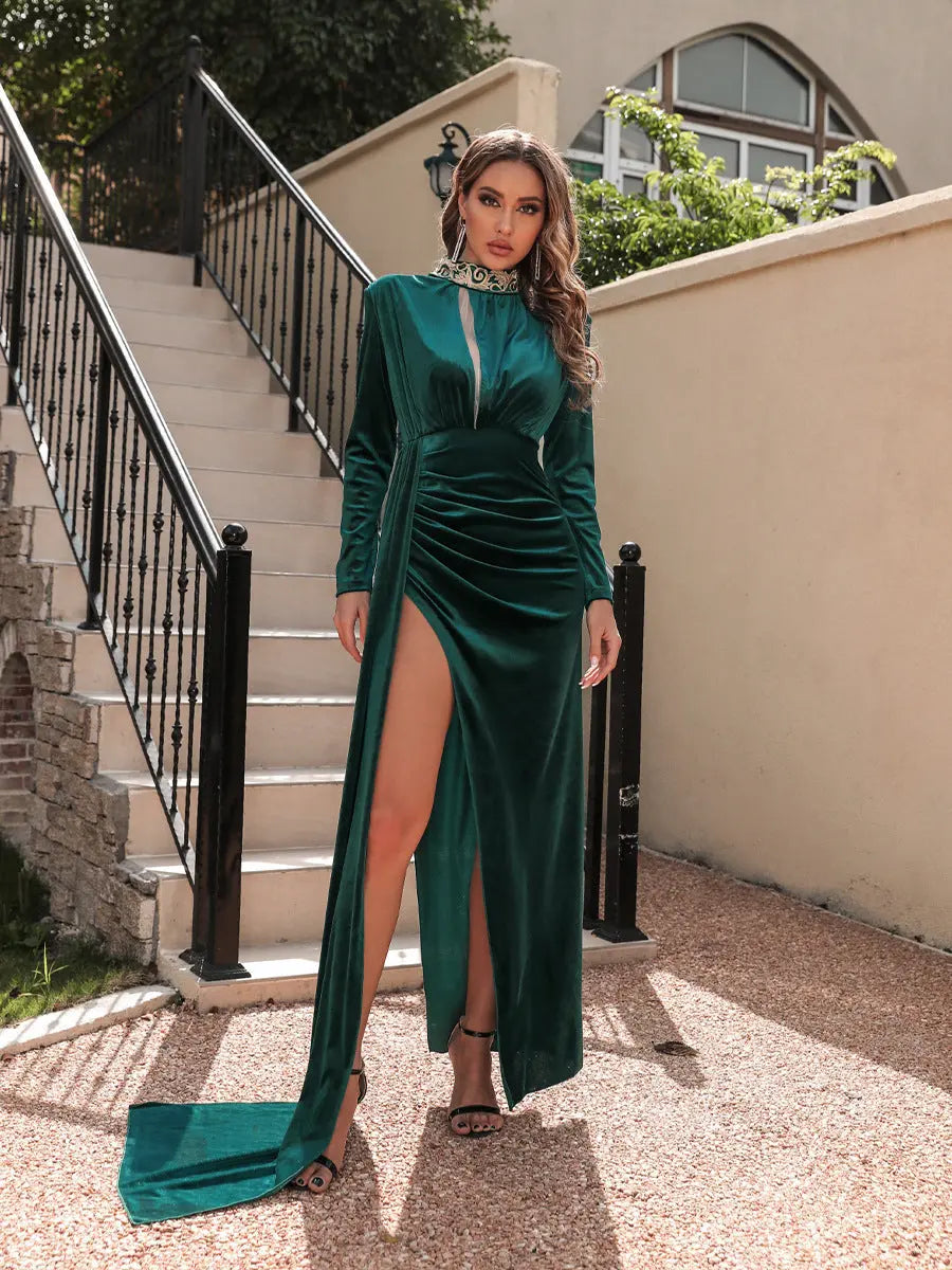 Women's Korean Velvet High Neck Sexy Evening Dress 