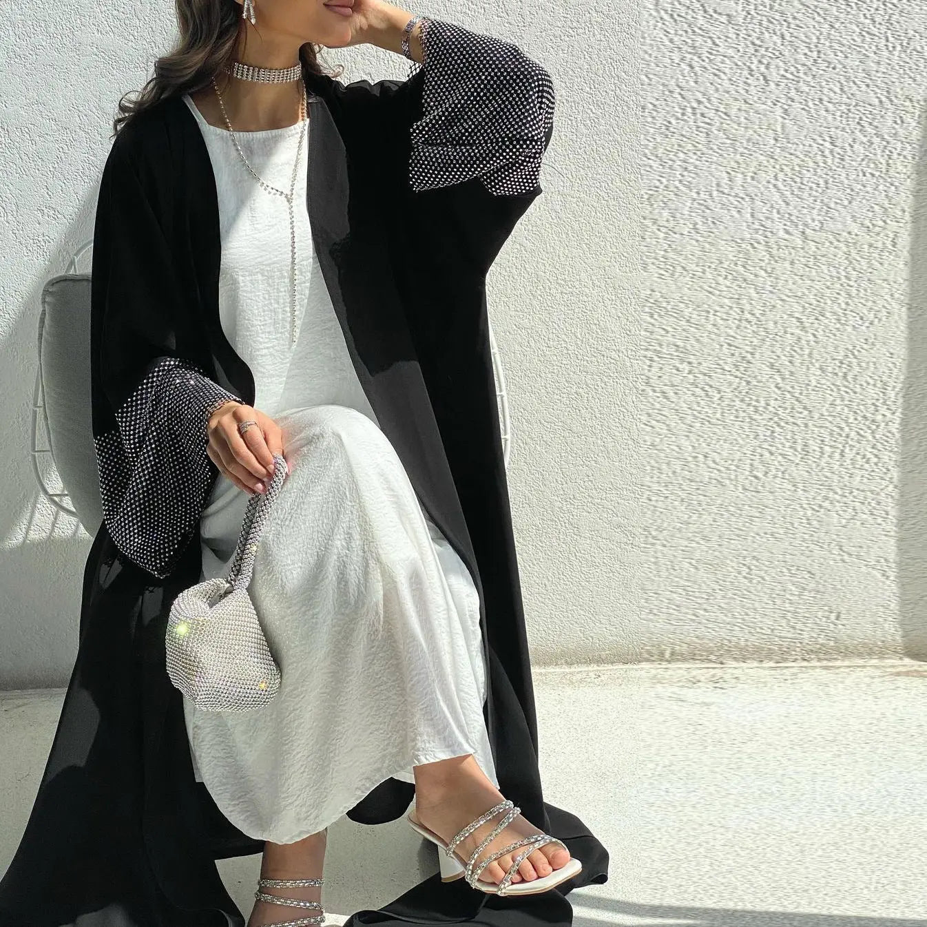 MQ085 Cardigan Abaya Muslim Cross-border Stretch Diamond Mesh Robe 