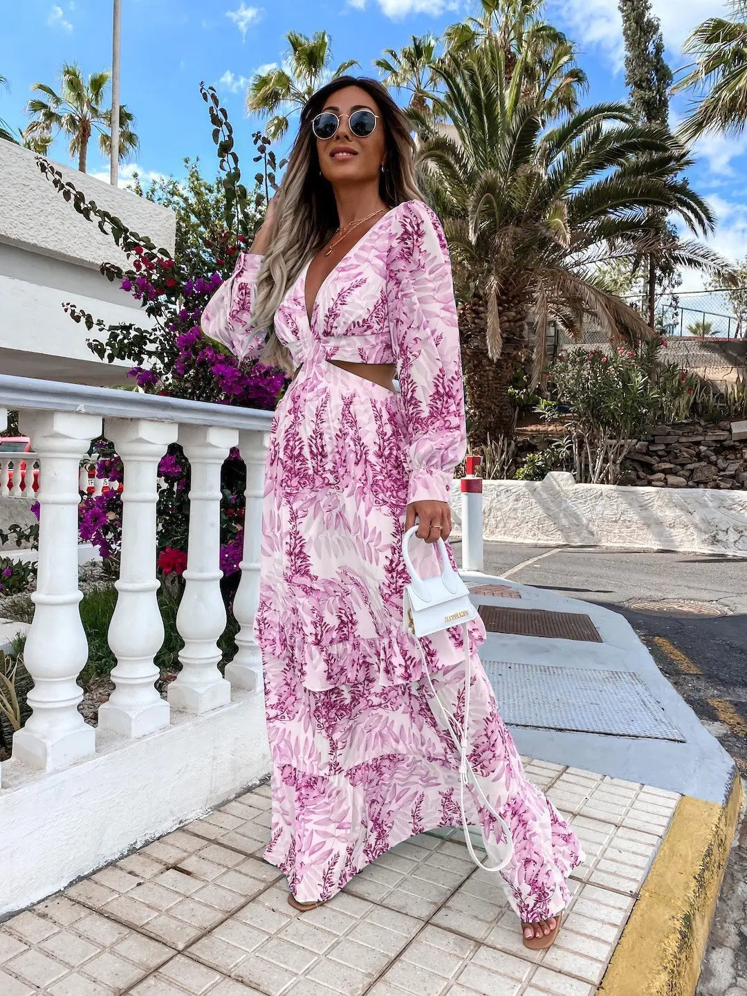 Elegant Women's Hollow Floor V-neck Long-sleeved Plant Dress Long Dresses Spring Summer Print V-neck Long Sleeve Dress 