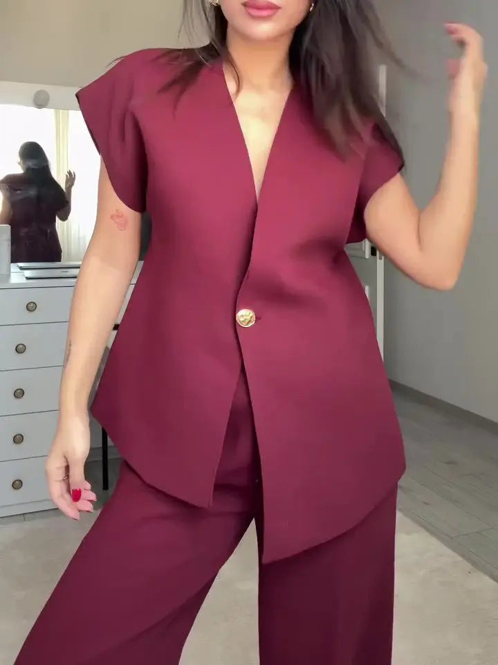 Burgundy Sleeveless Single-button Top & High-waisted Pants Set 