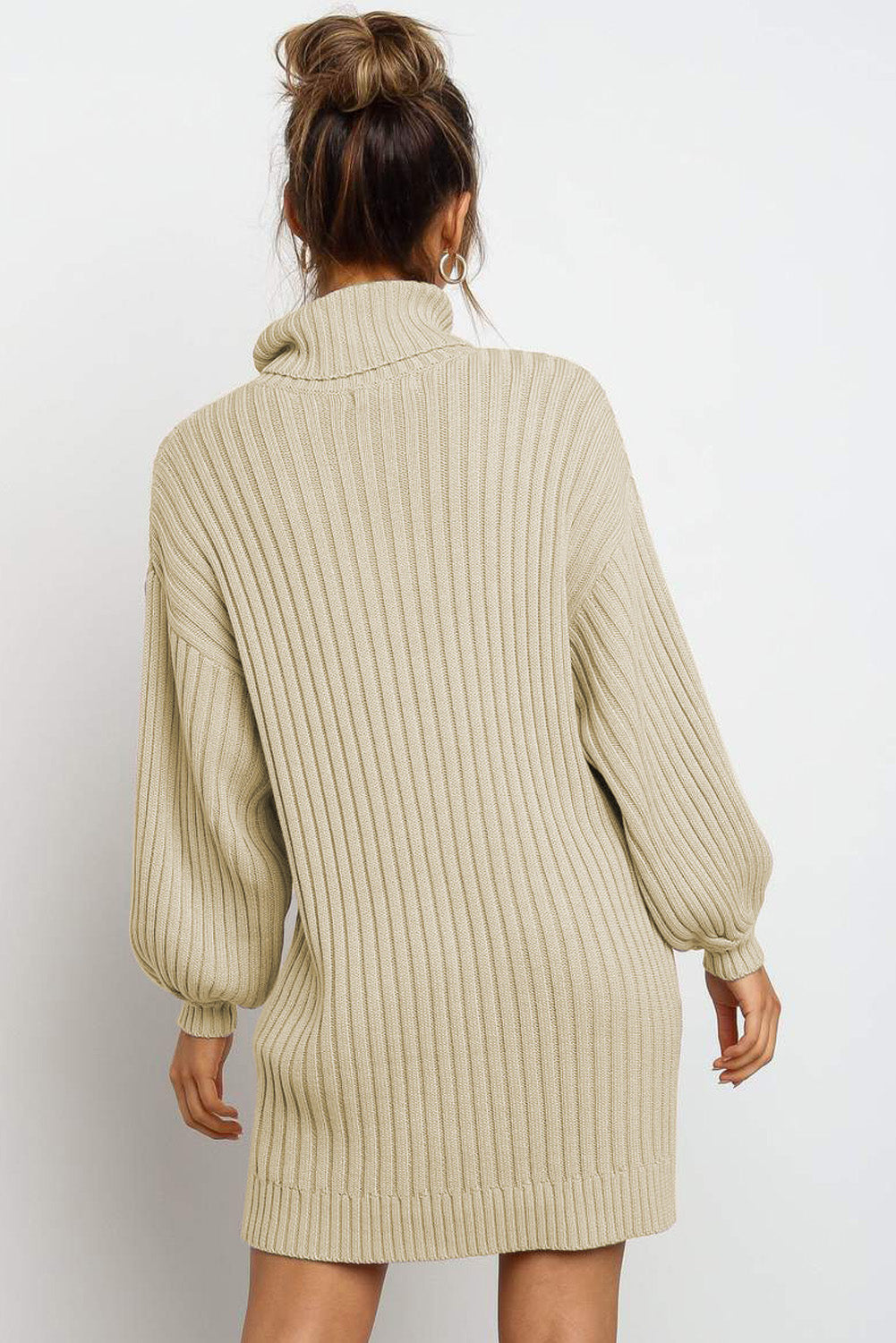 Apricot Turtleneck Balloon Sleeve Sweater Dress