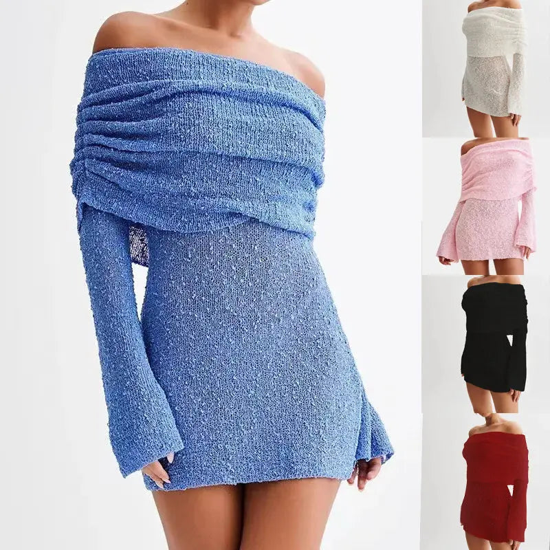 Women's Spring Summer Knitted Dress Elegant Party Boat Neck Dress Infant Off Shoulder Bodycon Long Sleeve Fuzzy Short Club Chic Mini Dress 