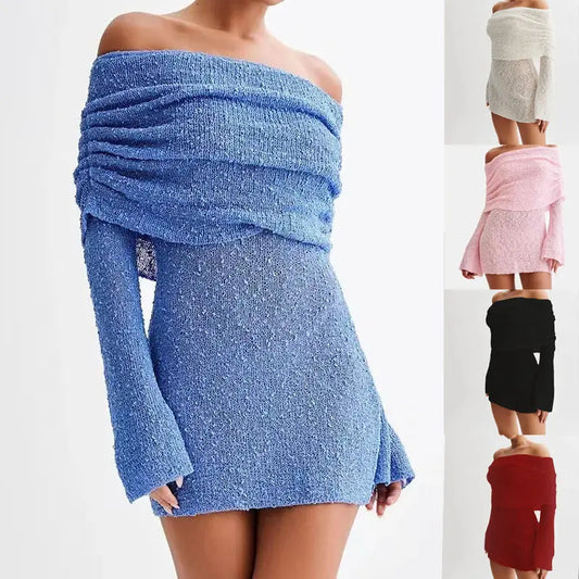 Women's Spring Summer Knitted Dress Elegant Party Boat Neck Dress Infant Off Shoulder Bodycon Long Sleeve Fuzzy Short Club Chic Mini Dress 