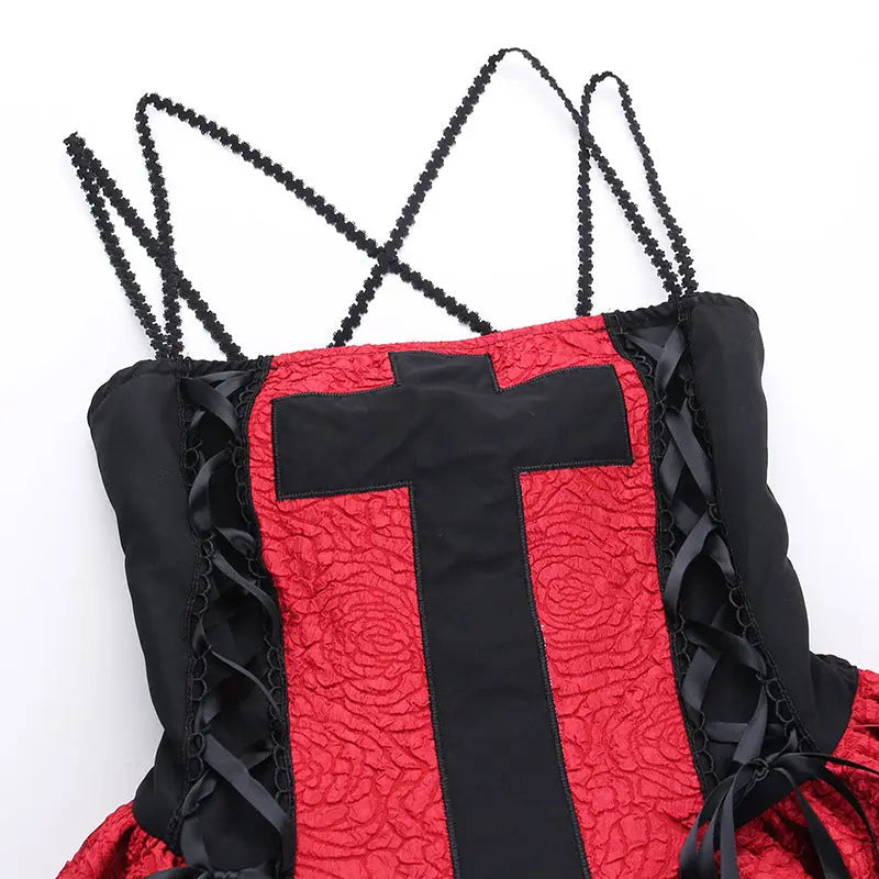 Dress Women's Retro Beautiful Red Patch Cross Print Lace Tight Dress 