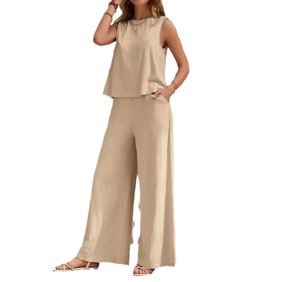 Summer Solid Color Casual Loose Pants & Suit Two Pieces Sets For Women 