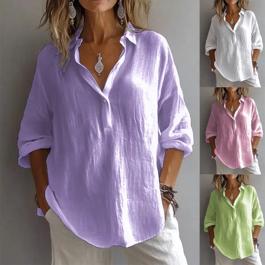 Fashion Long-sleeved Lapel Pullover Shirt Casual Loose Solid Color T-shirt Tops Women's Clothing 