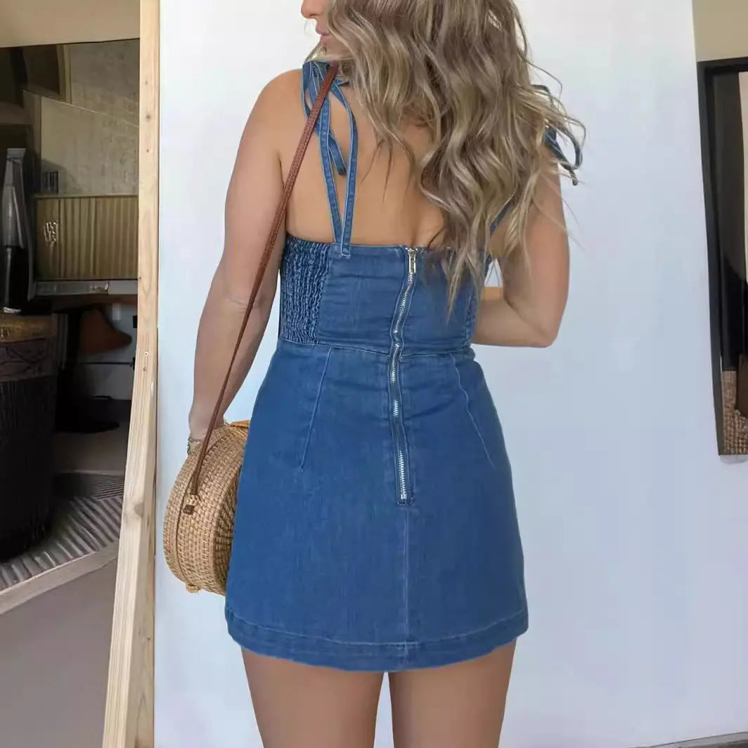 Square Neck Split Denim Dress With Back Zipper Design 