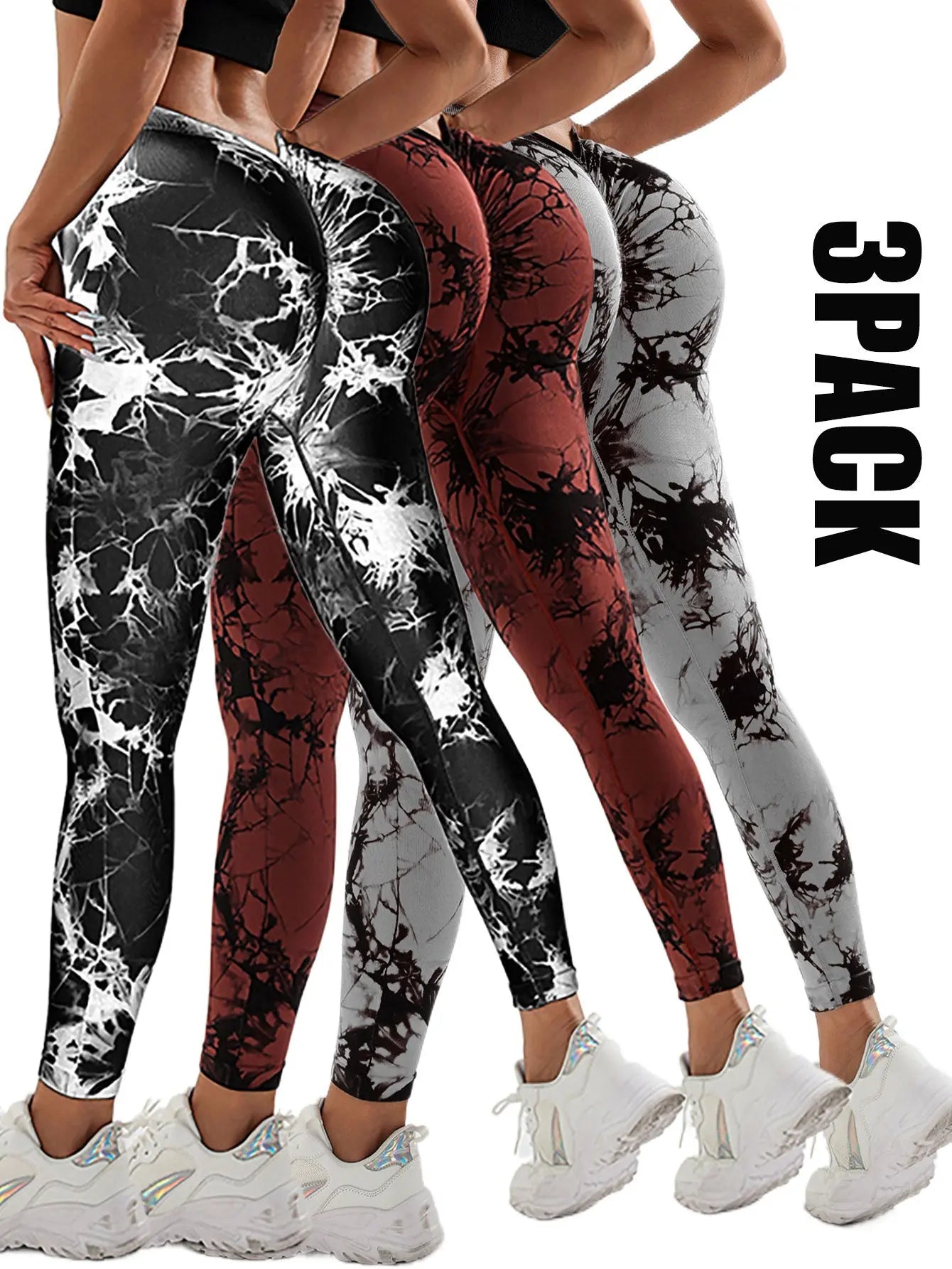 3 Pack Women's Scrunch Workout Leggings, High Waisted Butt Lifting Tie-dye V Back Waist Seamless Gym Yoga Leggings, Workout Leggings For Women Jada Leggings 